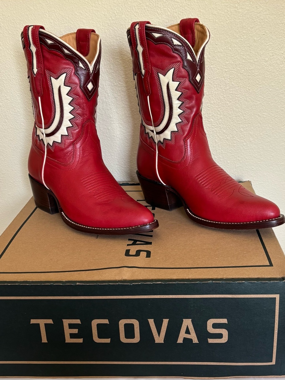 Tecovas Red Western Leather Boots with White and Dark Brown Accents